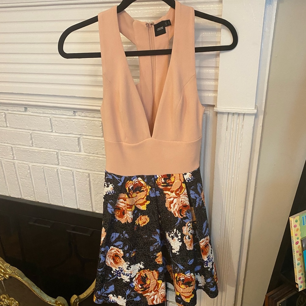 Mini dress floral A-line dress with plunge neckline, like new